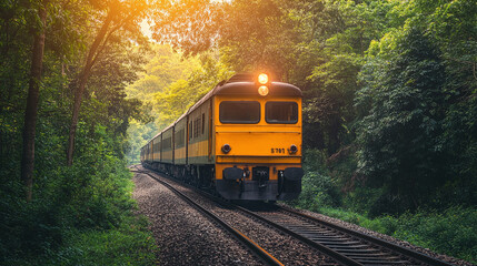 Obraz premium Old vintage retro locomotive train on a railway railroad through the forest, surrounded by trees. nature adventure transport, green valley journey, freight shipping industry.