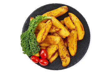 Homemade baked potato wedges, baked potatoes, isolated on white background.