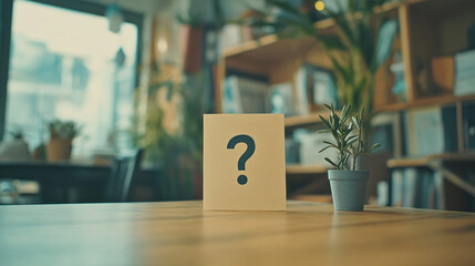 Fototapeta premium Text question mark who on a small paper note on the table. answer the solution to the problem, faq sign information, business help and communication concept, questionnaire message.