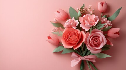 Handcrafted Paper Bouquet of Roses and Tulips on Pink Background