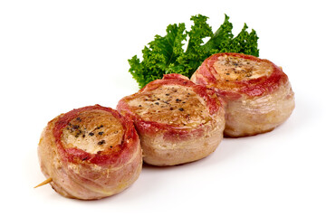Bacon-wrapped pork medallions, isolated on white background.