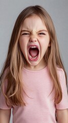 Young girl in pink t-shirt expressing extreme emotion with wide open mouth and squinted eyes against grey background, showing pure unfiltered childhood reaction.