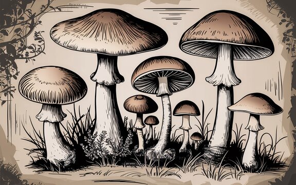 mushroom decor, Detailed illustration of various mushrooms in a natural setting.