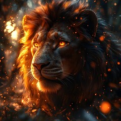 Naklejka premium Majestic Golden Lion Unleashing Fiery Roar in Mystical Glowing Wilderness