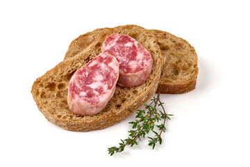 Artisan Dry Cured Sausage sandwich, isolated on white background.