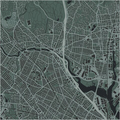 Map of Medford in Massachusetts in a smooth dark style. Contains layered vector with roads water, parks, etc.