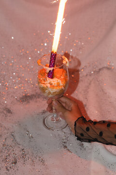 Festive dessert served with sparklers at a celebration 