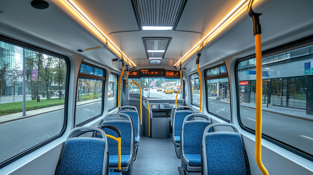 Nobody in urban empty bus interior, public transport on the city street. inside view with seats, tourism or transit commute.