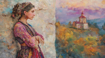 Young woman contemplating against a colorful landscape background