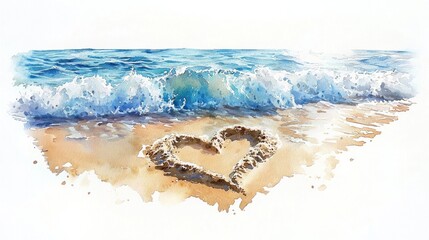Romantic beach heart shaped sand art tropical shore watercolor artwork coastal view love