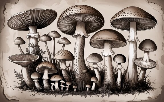 mushroom decor, Sepia illustration of various mushrooms in a field.