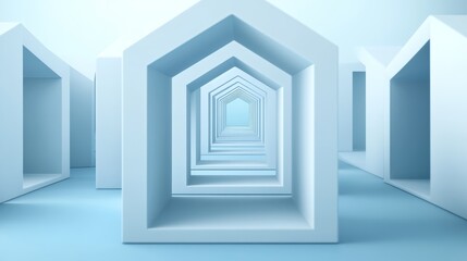 A series of minimalist, blue house-shaped structures creating a tunnel effect.