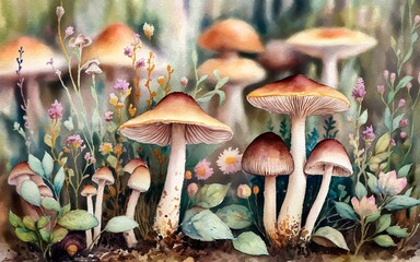 mushroom decor, Watercolor painting of mushrooms and wildflowers in a forest.