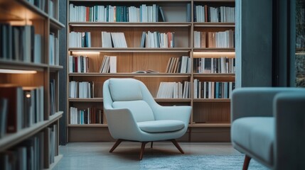 Cozy reading nook with light grey armchair in modern library.