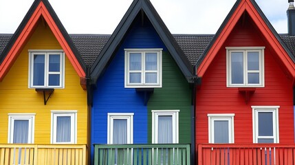 Colorful houses in a row featuring yellow, blue, green, and red exteriors.