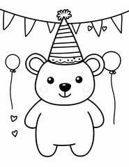 Cute bear in birthday hat coloring page for kids