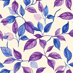Fototapeta premium A seamless pattern of purple and blue leaves on a cream background
