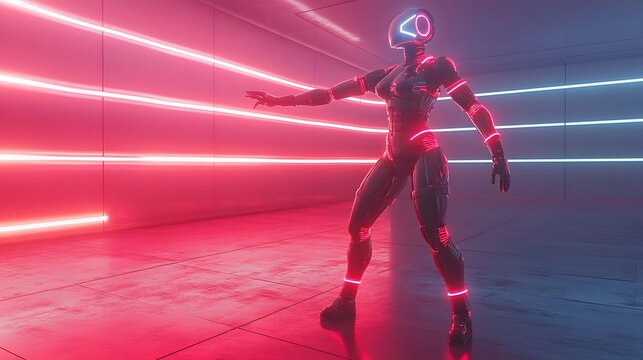 Futuristic Humanoid Robot in Neon Lit Tunnel Corridor