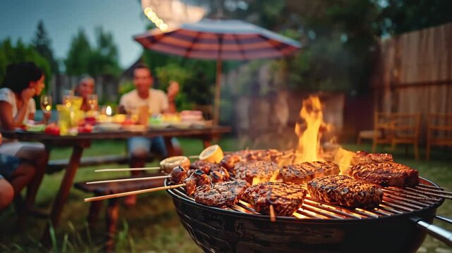 Close-up of meat and vegetables being fried on a barbecue grill with blurred people sitting at a table in the background. BBQ party in the backyard of the house.