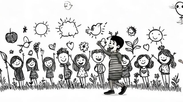 Fun Cartoon Illustrations of Children Coloring in a Fairytale Themed Coloring Book Set