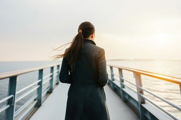 Radiant tourist woman enjoying sunset views on luxury cruise ship deck over Mediterranean sea