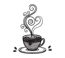 Black and white one line art icon drawing a coffee with white background