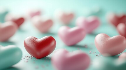 Colorful hearts on turquoise surface with sprinkles, soft focus background.