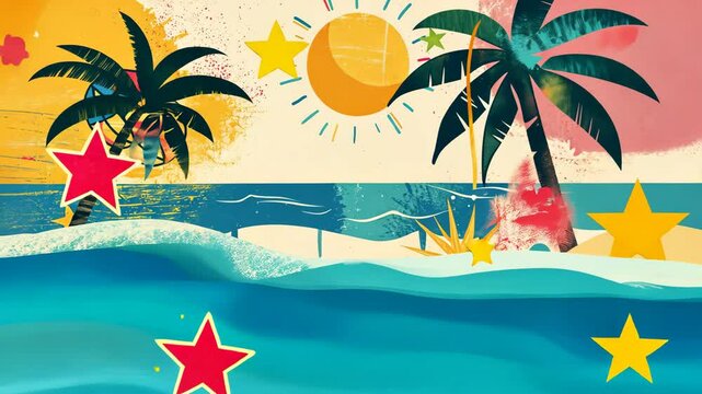Style of a child's drawing of a tropical island with palm trees, sea waves, sun and beach volleyball ball. A summer sale banner with colorful elements.