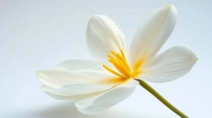 Close-up of a single, delicate white flower with a yellow center against a soft, light background.