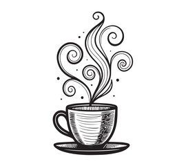 Black and white one line art icon drawing a coffee with white background