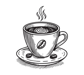 Black and white one line art icon drawing a coffee with white background