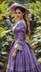 Aristocratic girl of the 18th century in a purple dress with a crinoline and lace is in a tobacco plantation, on which people are visible harvesting tobacco