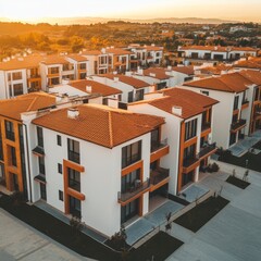 Fototapeta premium Aerial view of modern residential buildings with orange roofs in a serene landscape.