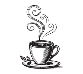 Black and white one line art icon drawing a coffee with white background