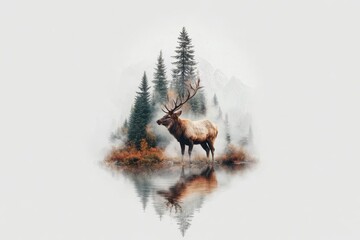 Majestic elk stands by tranquil lake surrounded by towering pine trees in misty morning light. Generative AI