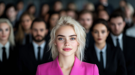 Obraz premium A blond woman with a group of business people on the background. 