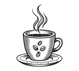 Black and white one line art icon drawing a coffee with white background