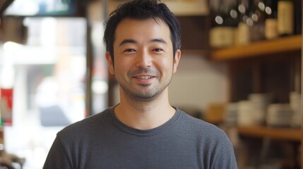 Obraz premium Portrait of a smiling Asian man in a shop.