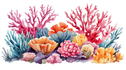 Colorful coral reef illustration featuring vibrant underwater marine life with variety of corals in pink, orange, yellow, and blue shades in watercolor style. Isolated on transparent background, png.