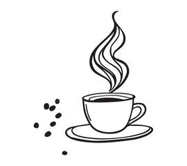 Black and white one line art icon drawing a coffee with white background
