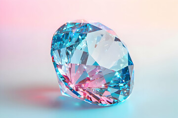 Dazzling digital gem, glowing with blue and pink hues, placed against a smooth gradient background, creating a magical and futuristic effect.