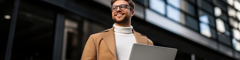 Fototapeta premium A man wearing glasses and a brown jacket is holding a laptop. He is smiling and he is happy