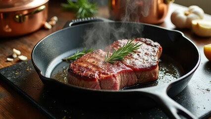 Perfect Pan Sear Steak: Juicy Ribeye with Golden Crust Sizzling in Cast Iron Skillet, Aromatic Rosemary and Garlic, Steam Rising in Natural Kitchen Light, Gourmet Cooking Scene with Copper Cookware