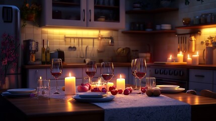 Cozy romantic kitchen setup with candles wine glasses and soft lighting for an intimate Valentine's Day dinner