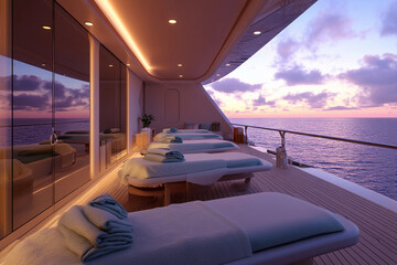 Fototapeta premium Serene spa room with ocean views during sunset, designed for relaxation and rejuvenation