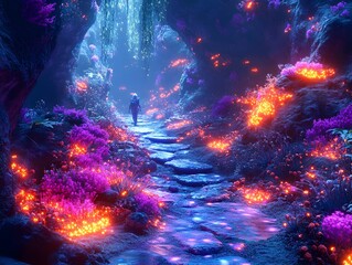 Fototapeta premium Enchanted Fantasy Forest Path with Glowing Lights and Fireflies in Mystical Wonderland Landscape