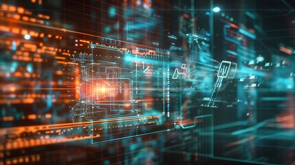 A laser beam illuminating AI-generated digital blueprints on a transparent screen, demonstrating how technology helps visualize complex data models.


