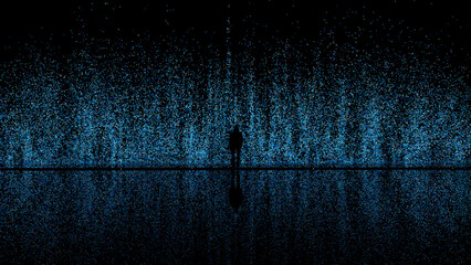 Man's silhouette against a blue tech particle background