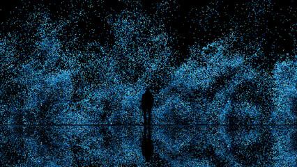 Man's silhouette against a blue tech particle background