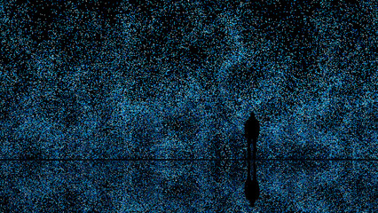 Man's silhouette against a blue tech particle background